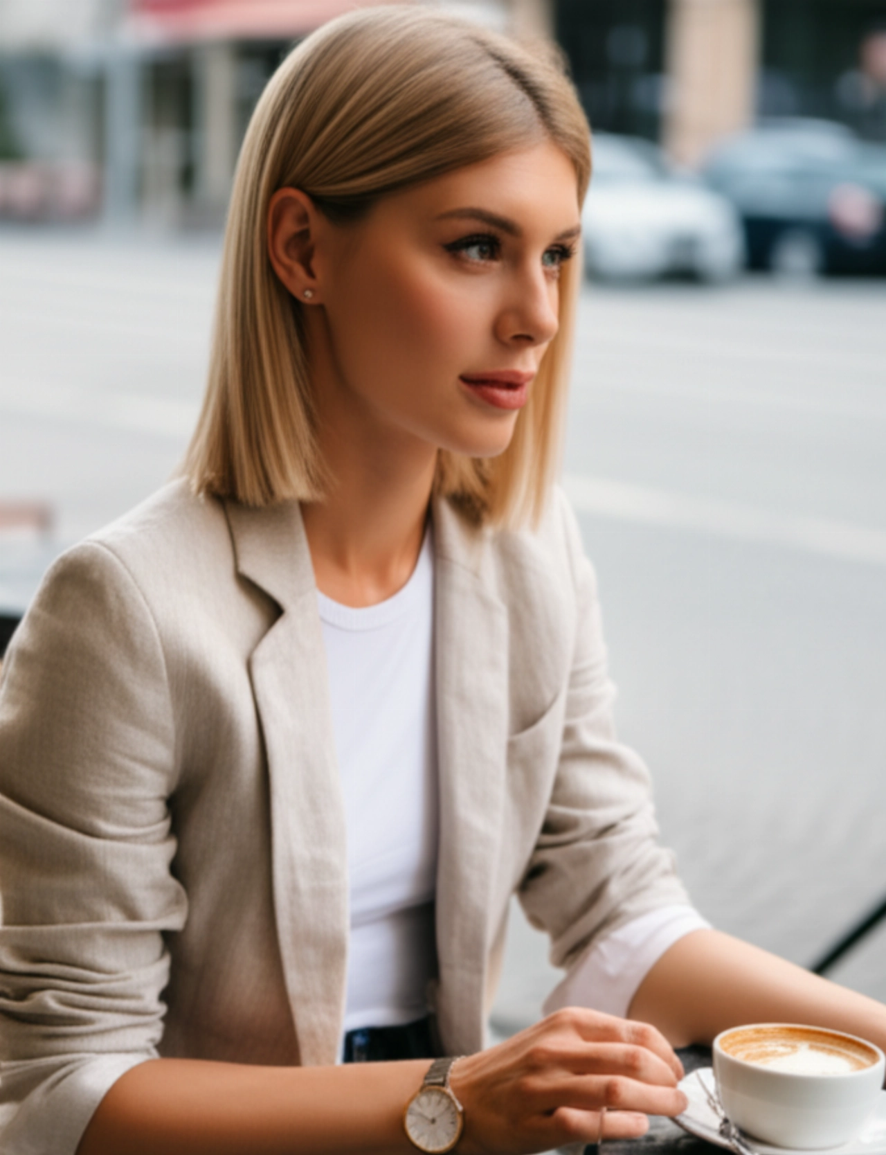 Una donna caucasica in abbigliamento casual-chic, con un orologio moderno al polso, seduta a un caffè all'aperto, in una foto iperrealistica.