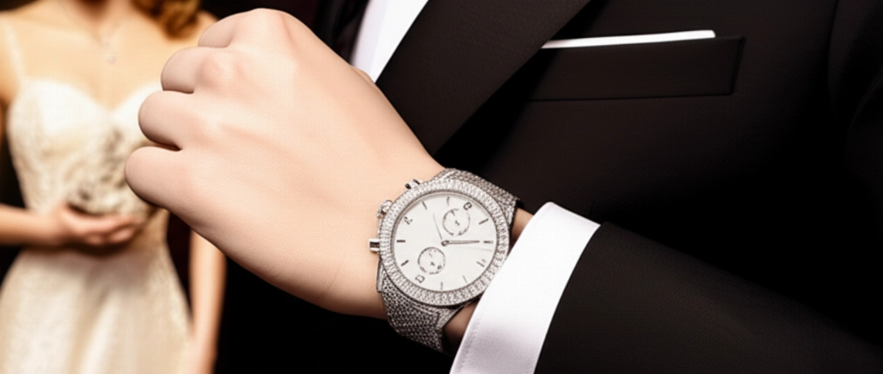 Primo piano iperrealistico di un orologio gioiello su un polso caucasico che emerge da un polsino di smoking, con un abito da sera sfocato sullo sfondo, evocando un evento elegante.