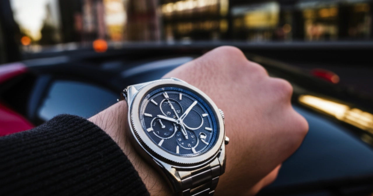 Un orologio cronografo sportivo su un polso caucasico in primo piano, con una moderna auto sportiva di lusso sullo sfondo, che rappresenta l'armonia tra orologio e auto sportiva.