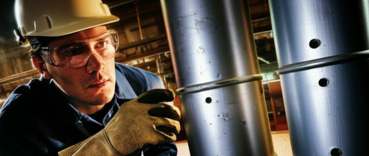 Ingegnere caucasico ispeziona tubazioni in acciaio 904L e 316L in un ambiente industriale corrosivo, con il 316L che mostra lievi segni di usura.