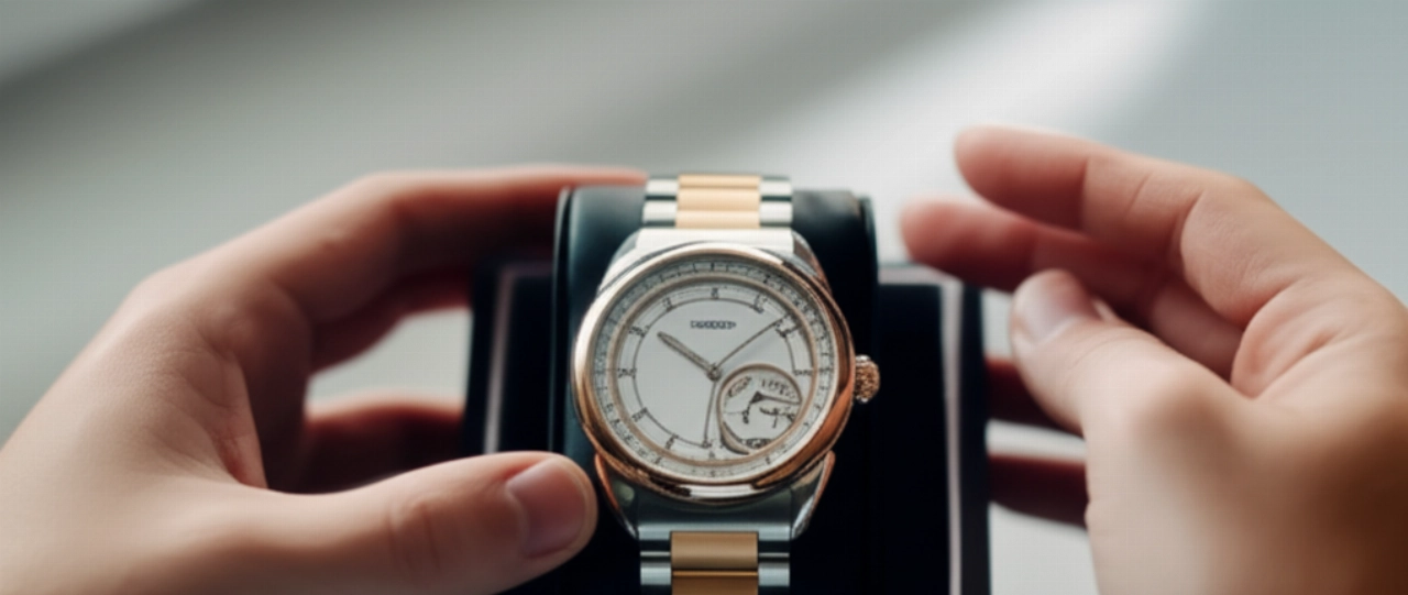 Mani caucasiche che disimballano con cura un orologio di lusso nuovo di zecca da una confezione premium, evocando l'emozione e la sicurezza di un acquisto online.