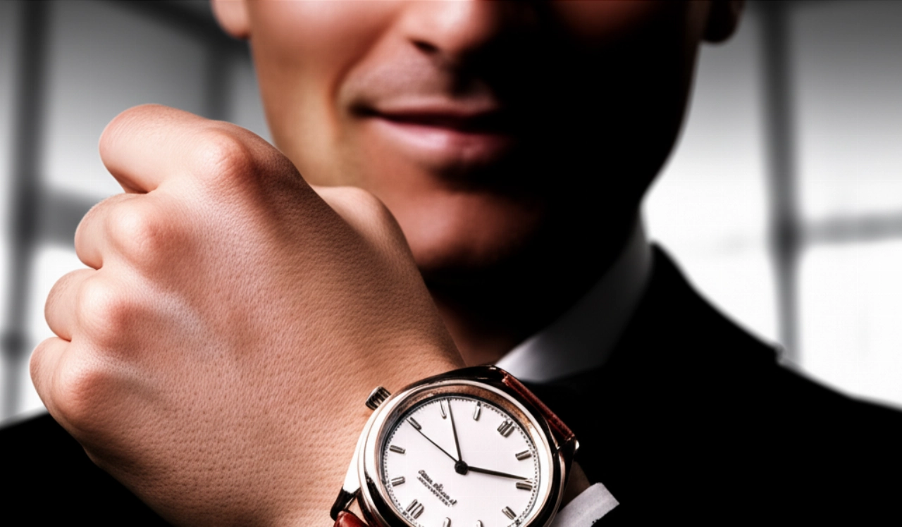 Primo piano del polso di un uomo caucasico che indossa un orologio di lusso appena acquistato, con un'espressione di soddisfazione e fiducia, simboleggiando un acquisto online riuscito e sicuro.