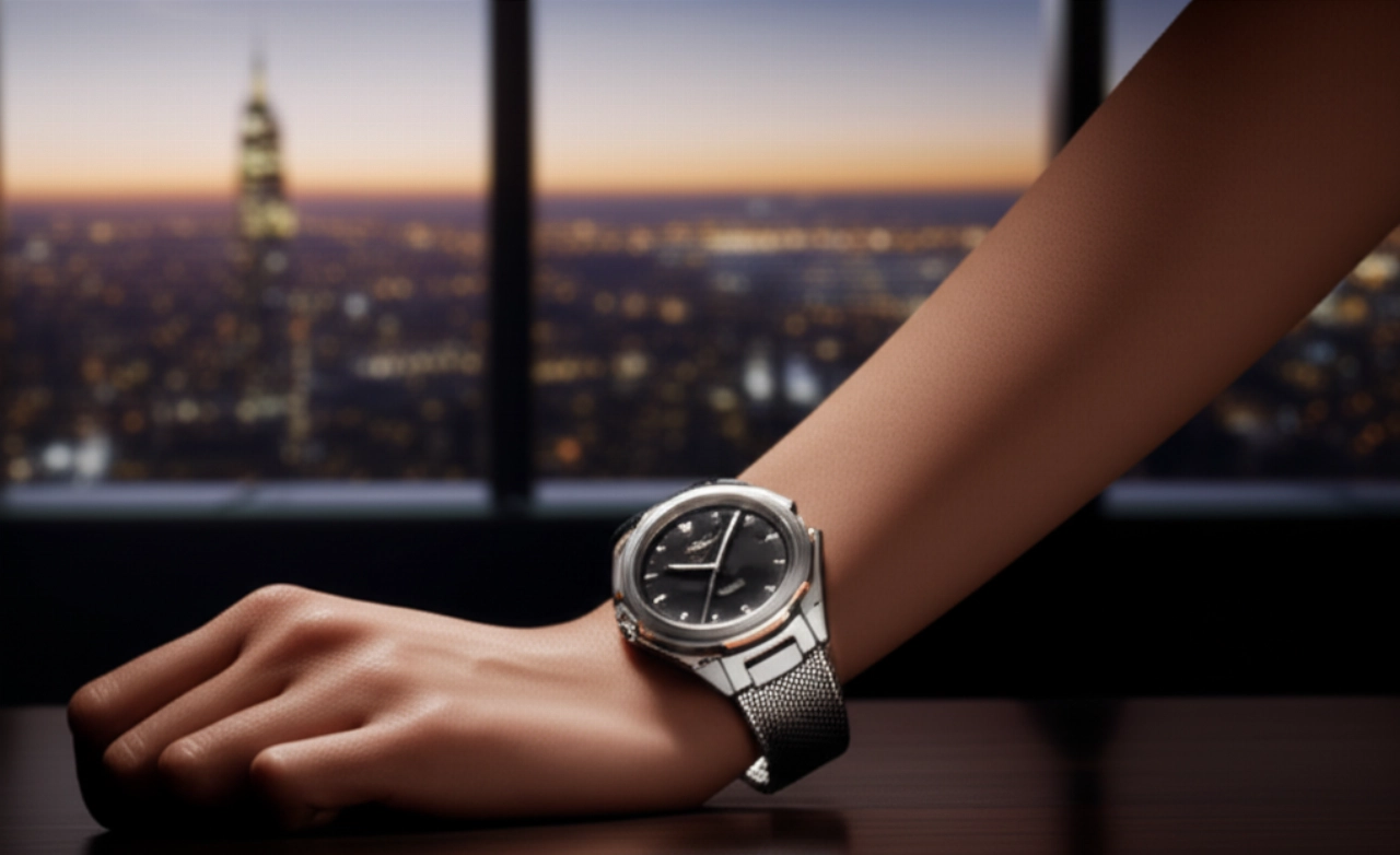 Immagine iperrealistica della mano di una donna caucasica con un orologio di alta qualità su una scrivania in un ufficio direzionale con vista sulla città al tramonto.
