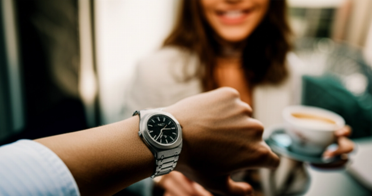 Fotografia iperrealistica di una coppia caucasica che si gode un caffè in un bar elegante, con l'uomo che indossa un orologio di alta qualità al polso.