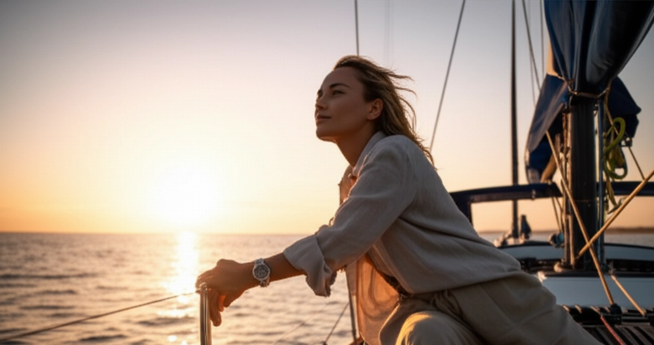 Donna caucasica elegante con un orologio subacqueo al polso mentre osserva un tramonto sull'oceano dal ponte di una barca a vela, in una scena iperrealistica e rilassante.