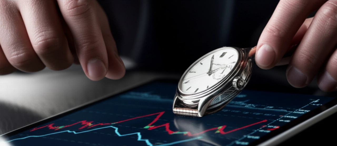 Primo piano di una mano caucasica con orologio di lusso su un tablet che mostra grafici di mercato finanziari, indicando analisi e decisioni informate.