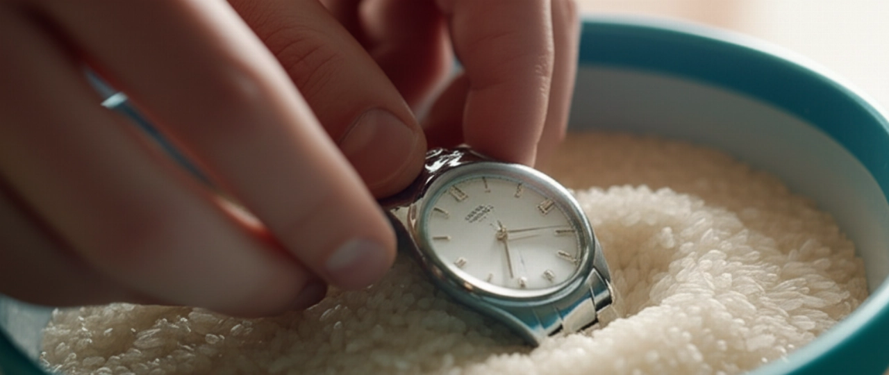 Mani caucasiche di un uomo che posizionano delicatamente un orologio da polso bagnato in una ciotola di riso bianco, in un'immagine iperrealistica con messa a fuoco nitida sui dettagli dell'orologio e dei chicchi di riso.