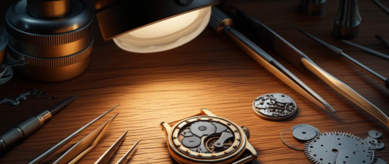 Banco da orologiaio iperrealistico con un orologio da polso vintage parzialmente smontato in fase di asciugatura sotto una luce calda, circondato da strumenti di precisione e con dettagli nitidi del legno e dei componenti metallici.