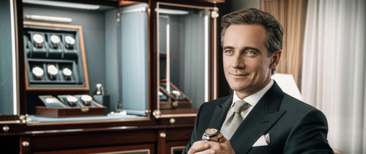 Un uomo caucasico elegante, seduto in uno studio lussuoso, tiene in mano un orologio di pregio, con una collezione visibile sullo sfondo, che trasmette un senso di sicurezza e tranquillità.