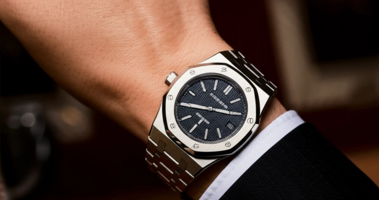 Un'immagine iperrealistica e fotorealistica di un orologio Audemars Piguet Royal Oak originale al polso di una persona caucasica, ambientata in un lussuoso contesto anni '70 che ne esalta il design rivoluzionario.