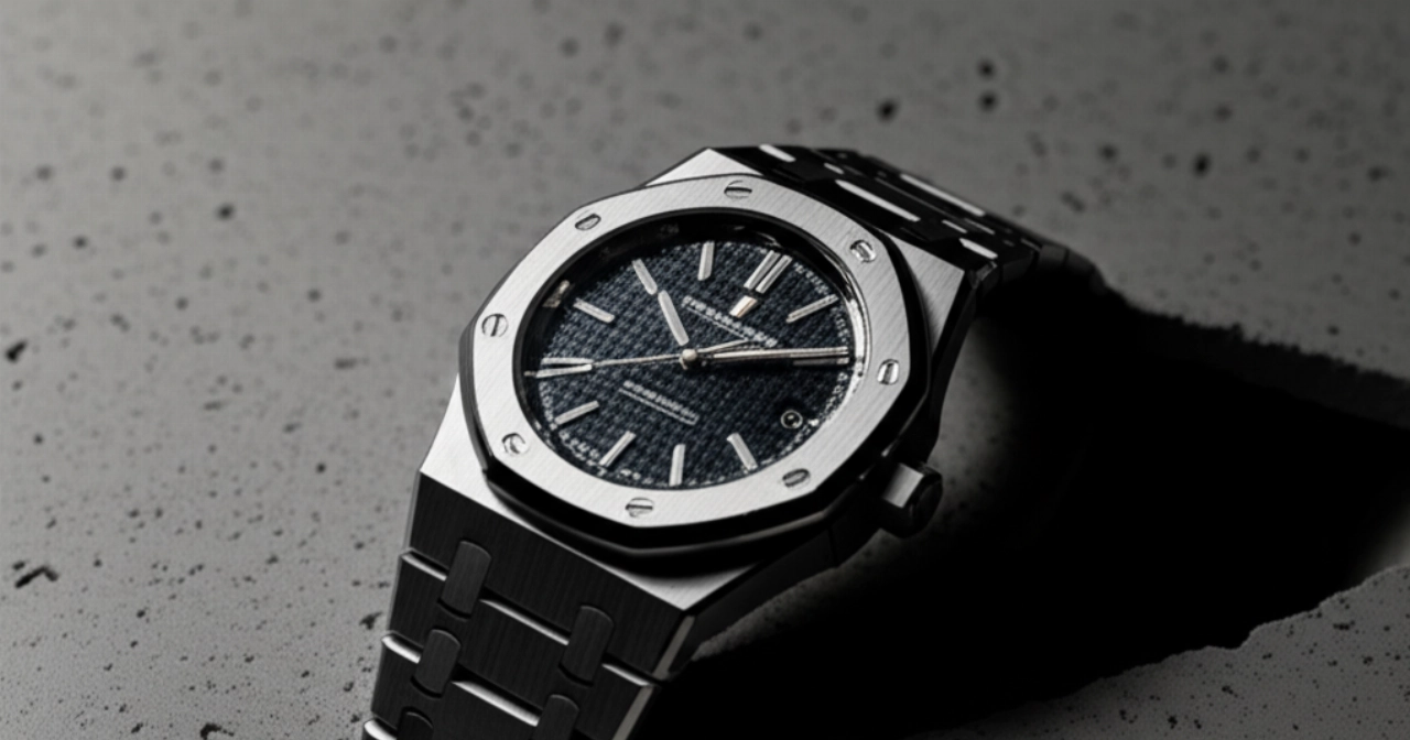 Un'immagine iperrealistica e ultra-dettagliata in macro di un orologio Audemars Piguet Royal Oak, che ne cattura la complessità del quadrante e la precisione del bracciale, simboleggiando la sua eleganza senza tempo.