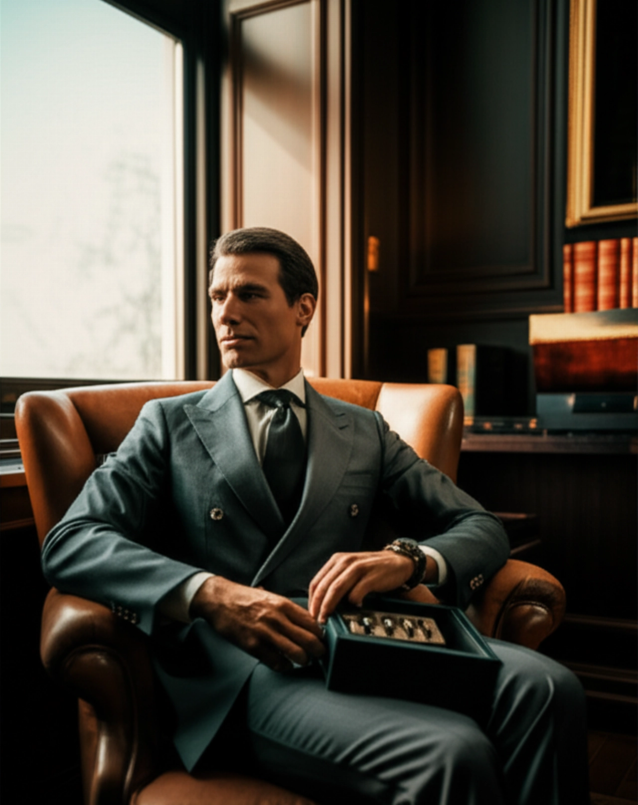 Un uomo caucasico elegante in uno studio di lusso, seduto su una poltrona in pelle, contempla una scatola di orologi di alta gamma.