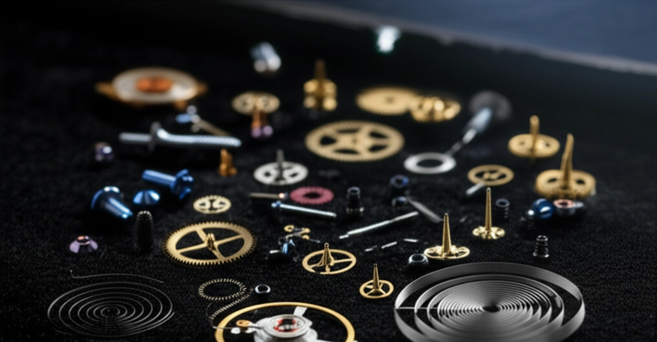 Composizione iperrealistica di componenti di movimento di orologio di lusso, con ingranaggi e rubini su velluto nero.