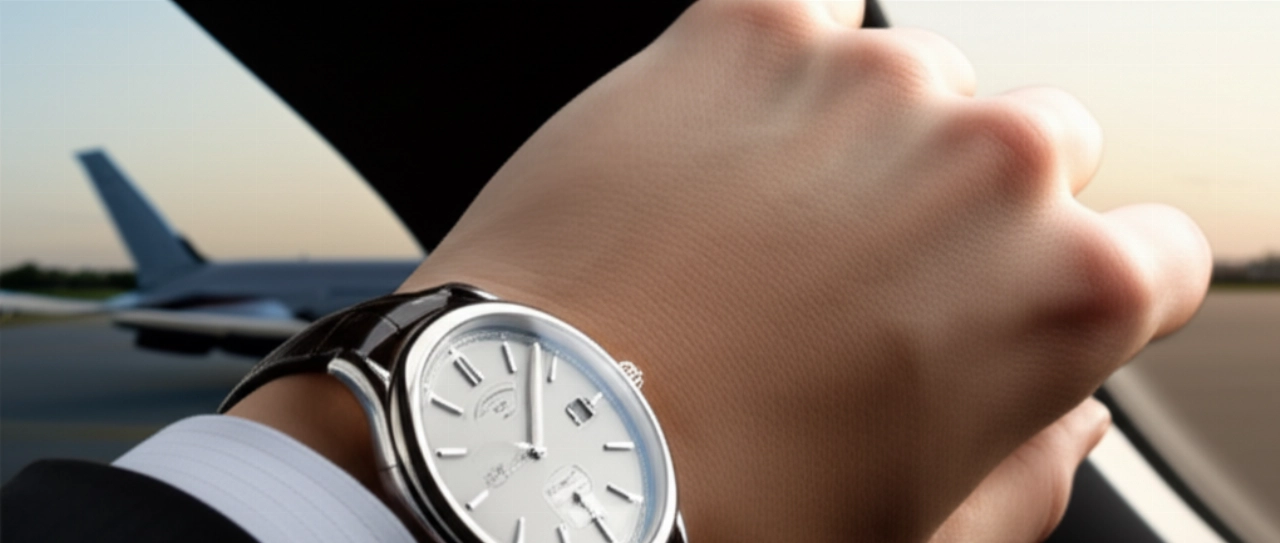 Scena iperrealistica con un individuo caucasico elegante in un ambiente moderno e lussuoso, come un jet privato, che indossa un orologio di precisione al polso, con uno sfondo sfocato che suggerisce viaggi.