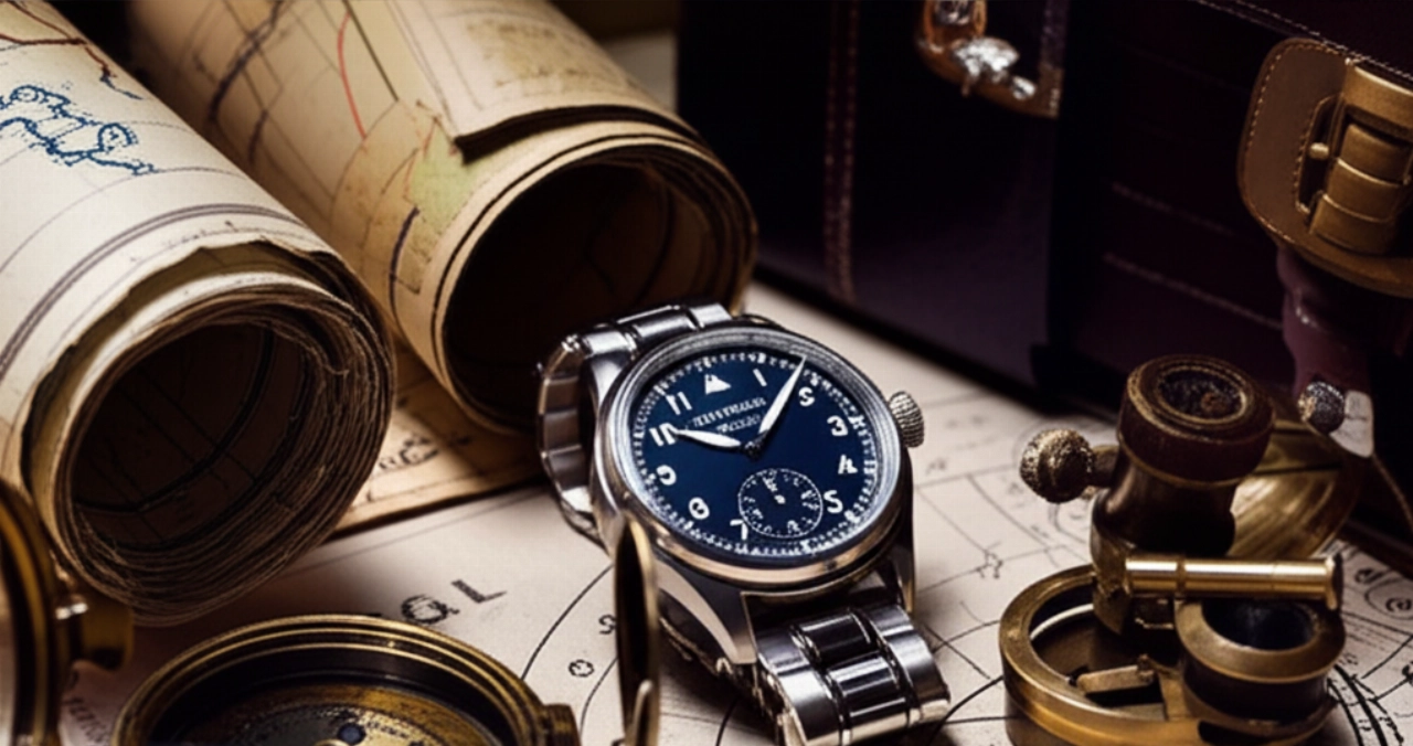 Composizione iperrealistica in primo piano di un orologio da pilota sofisticato, affiancato da mappe aeronautiche vintage, una bussola e altri strumenti di navigazione antichi, che evocano la storia dell'aviazione.
