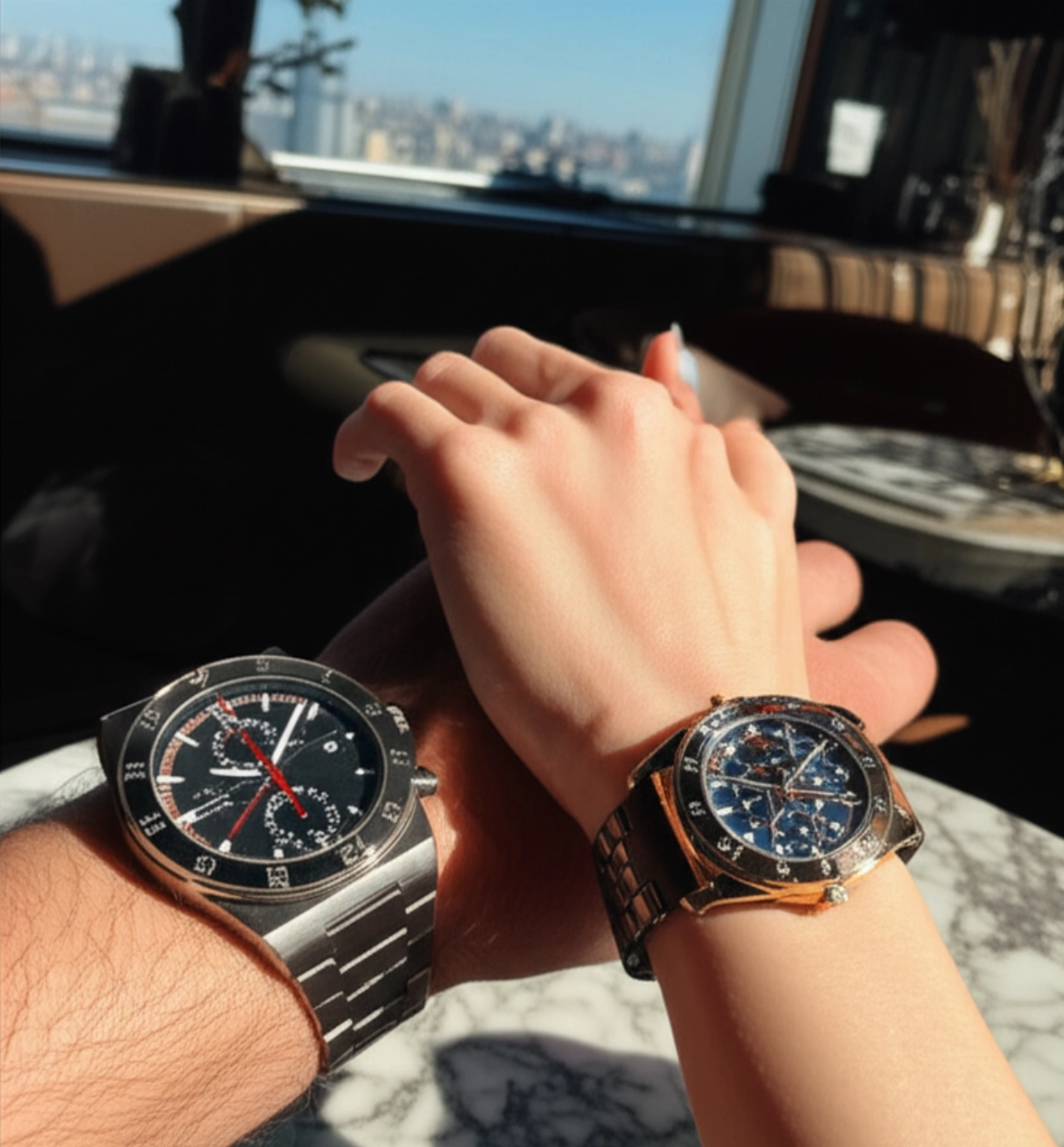 Due polsi caucasici, uno maschile con orologio tecnico e uno femminile con orologio raffinato, su un tavolo di marmo in un lounge di lusso.