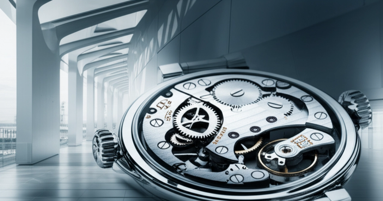 Immagine concettuale iperrealistica di un movimento di orologio dettagliato, con ingranaggi e molle, fuso con un ambiente architettonico minimalista.