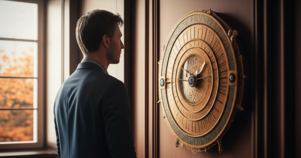 Un uomo caucasico pensieroso in uno studio elegante, che osserva un grande calendario perpetuo su una parete di legno scuro, con un accenno di cambio di stagione visibile dalla finestra sullo sfondo, suggerendo pianificazione a lungo termine.