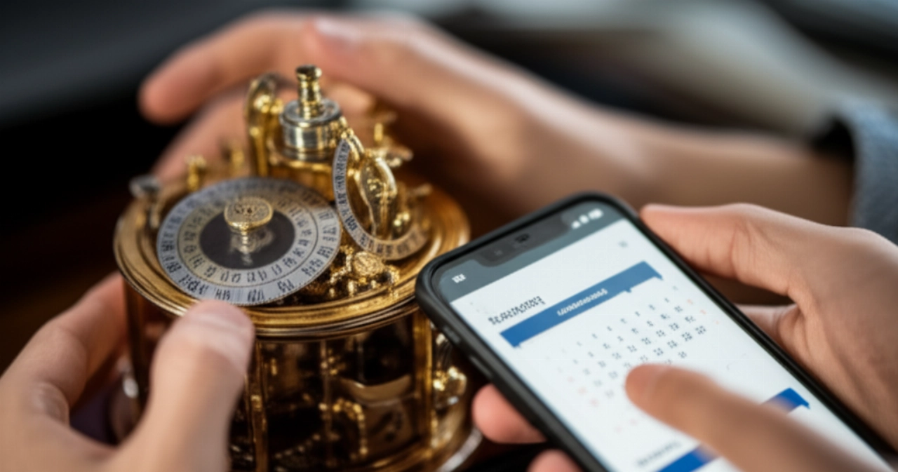 Primo piano iperrealistico delle mani di una persona caucasica che interagiscono con due calendari: una mano regola un complesso calendario perpetuo antico in ottone, l'altra scorre su un moderno calendario annuale digitale su uno smartphone.