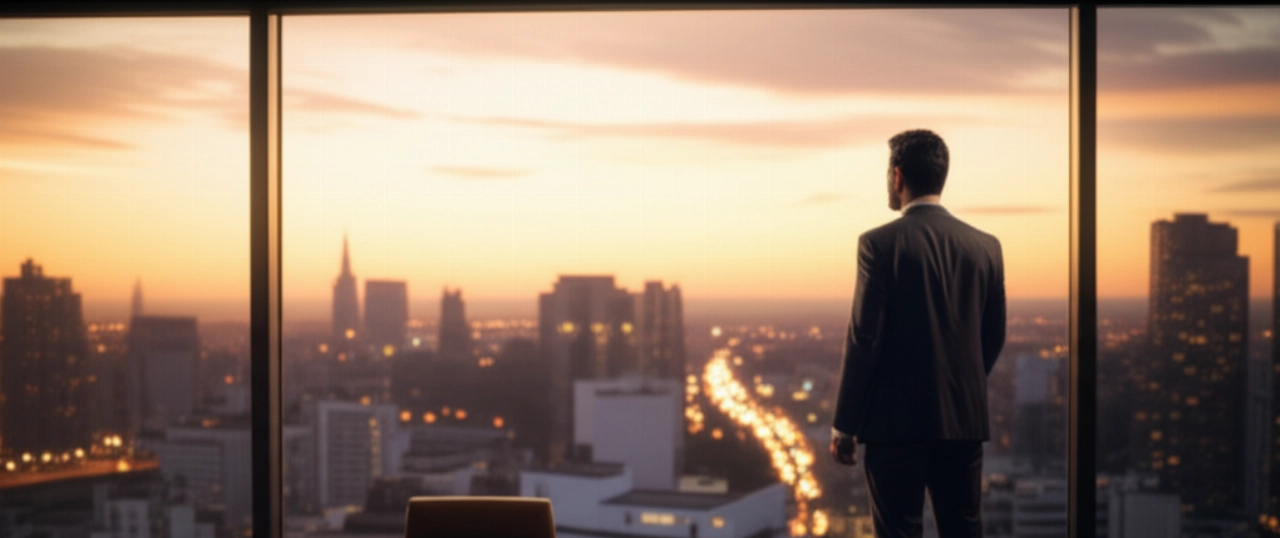 Uomo caucasico in completo elegante in un ufficio moderno, osserva lo skyline cittadino al tramonto, simbolo di successo e precisione.