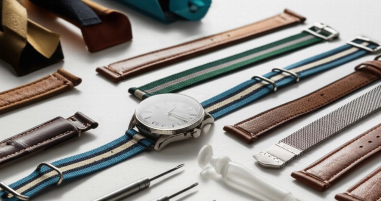 Composizione iperrealistica di cinturini per orologi e strumenti, con un orologio pronto per il cambio cinturino.