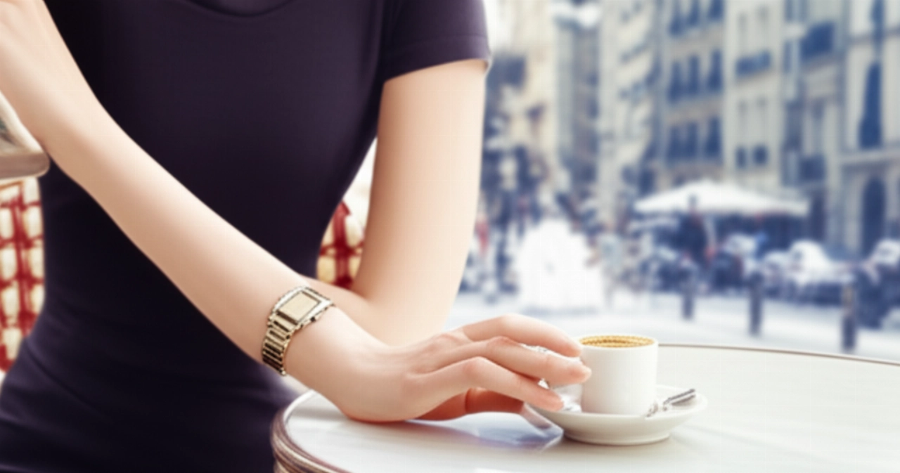 Una donna caucasica elegantemente vestita siede in un caffè parigino degli anni '50, con un orologio rettangolare al polso che evoca il design del Cartier Tank.