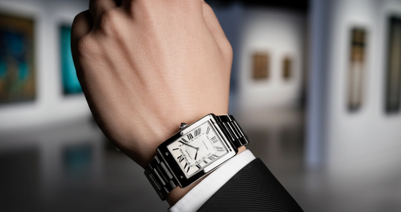 Primo piano iperrealistico del polso di un individuo caucasico contemporaneo che indossa un orologio rettangolare dal design classico, simbolo di eleganza senza tempo.