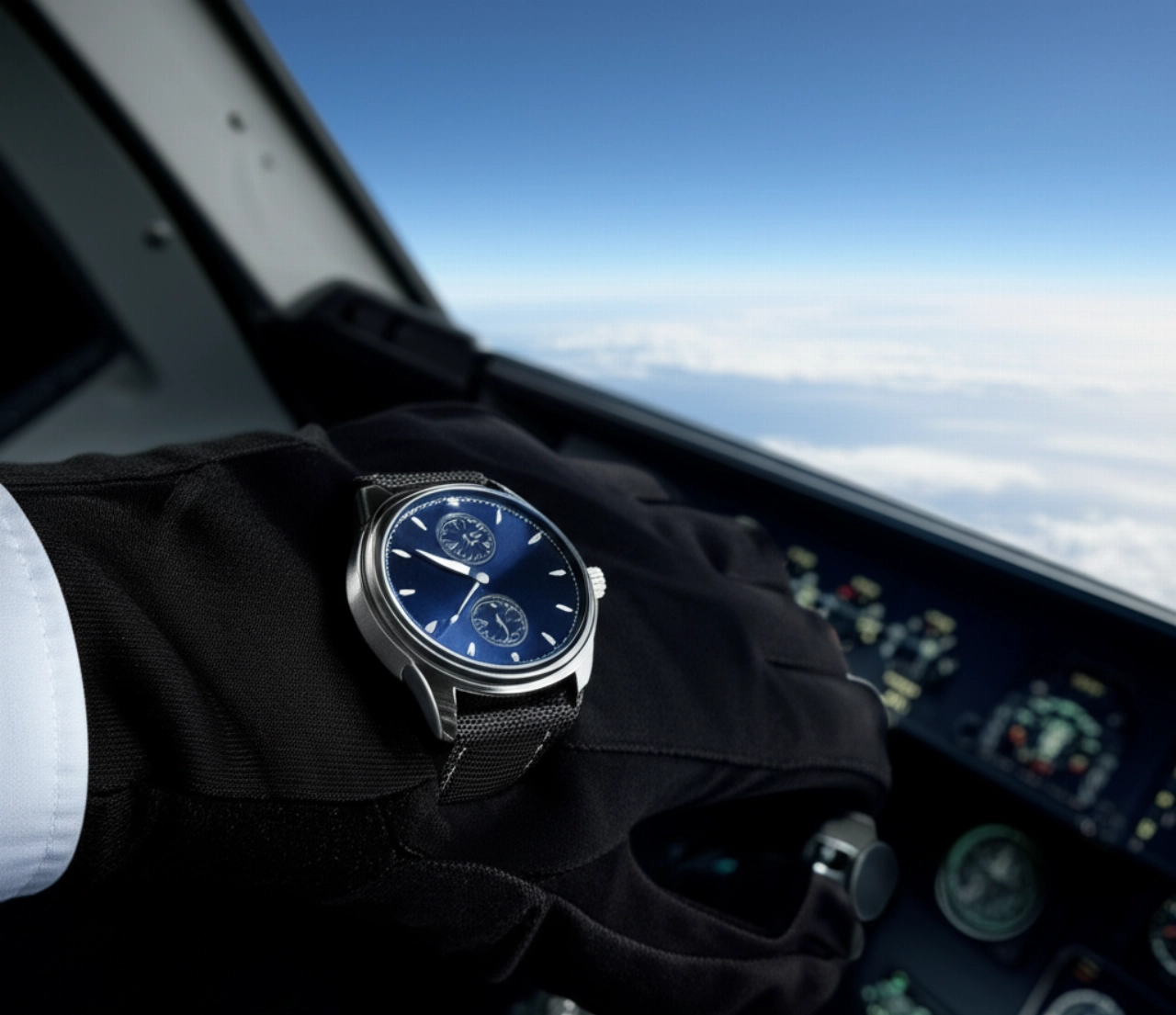 Scatto iperrealistico di un orologio robusto al polso di un pilota caucasico all'interno di un cockpit, con lo sfondo di un cielo limpido e nuvole.