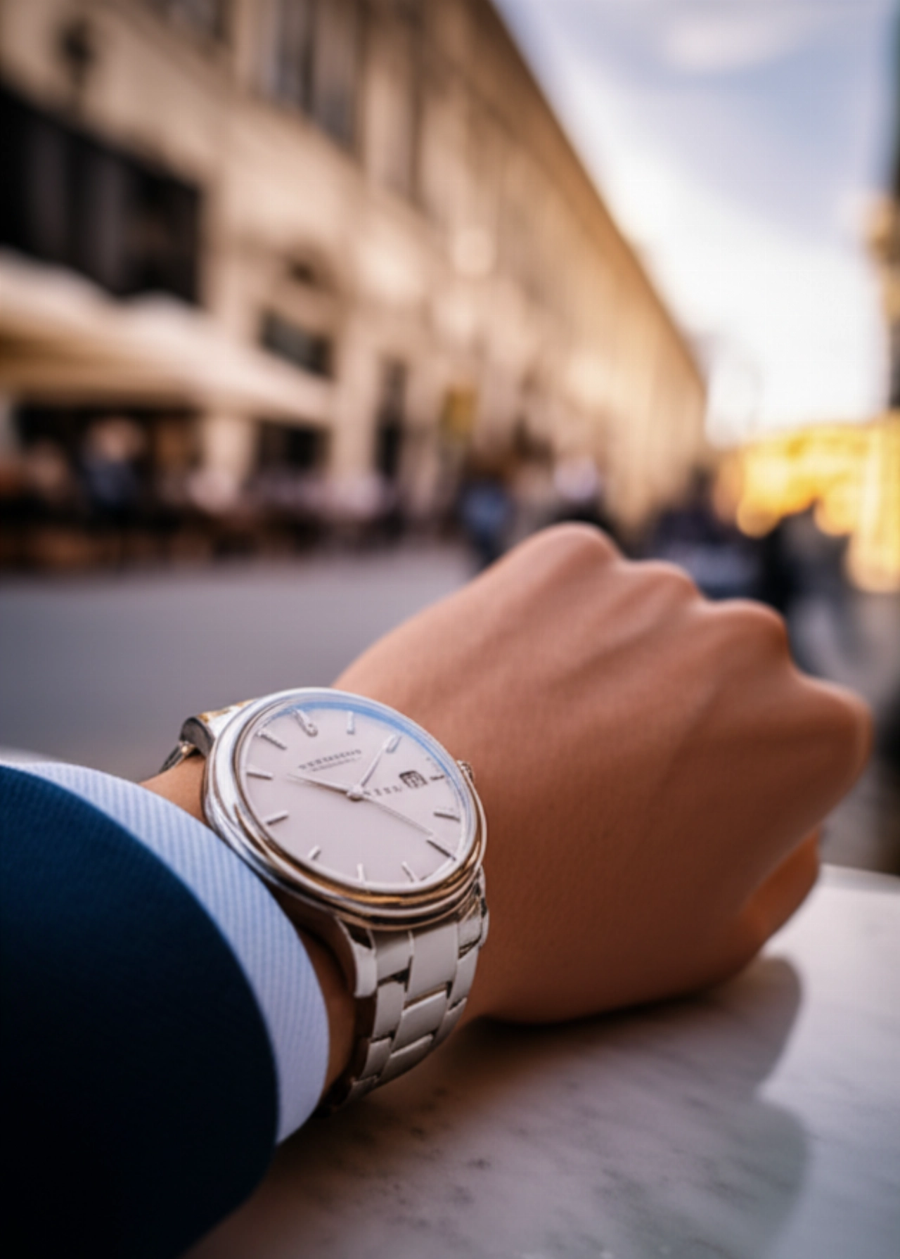 Immagine iperrealistica di un orologio elegante al polso di una persona caucasica, posato su un tavolo in marmo in un caffè cittadino, con luce calda pomeridiana.