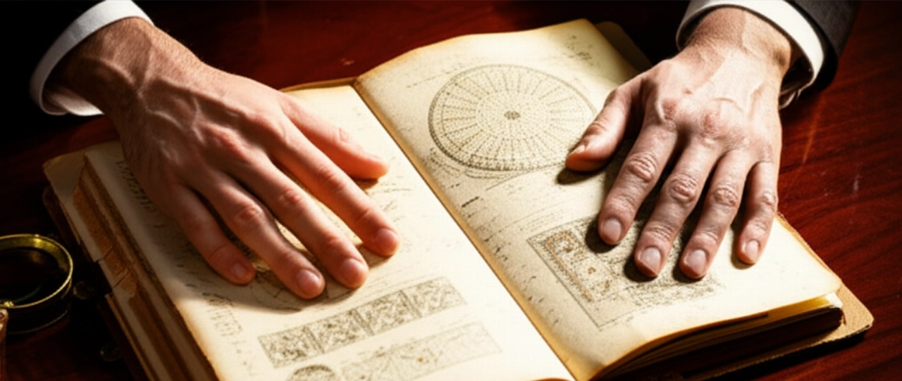 Primo piano iperrealistico di mani caucasiche raffinate su una scrivania in mogano lucido, con un diario in pelle aperto che mostra schizzi di mappe celesti e una lente d'ingrandimento in ottone. Dettagli estremamente nitidi e luce calda.