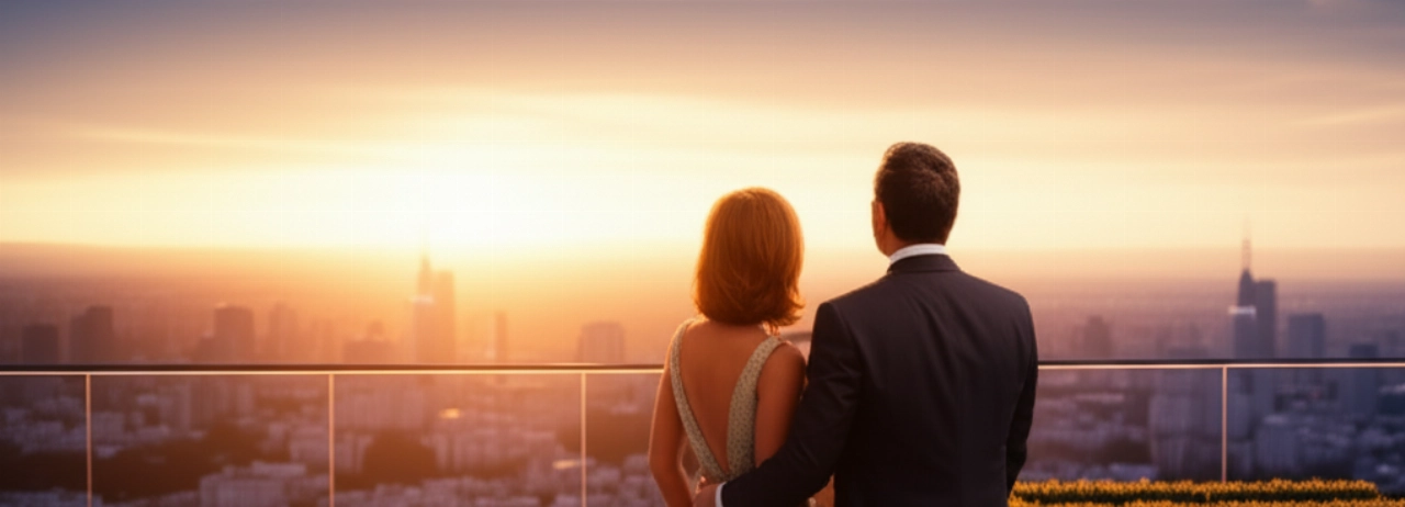 Una coppia caucasica elegante su una lussuosa terrazza privata, che ammira un panorama mozzafiato al tramonto. L'immagine è iperrealistica con una luce dorata e un'atmosfera serena e aspirazionale.