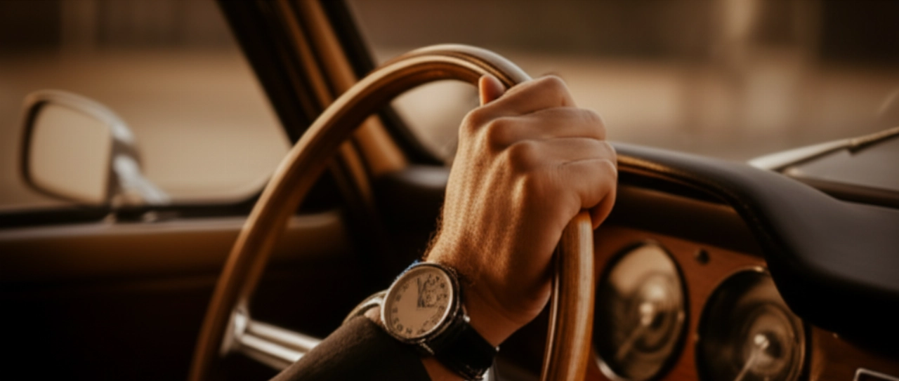 Mano di un uomo caucasico che tiene un volante in pelle vintage, con al polso un orologio classico ed elegante. L'interno di un'auto d'epoca è visibile sullo sfondo con luce calda.