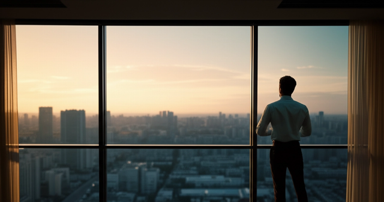 Uomo caucasico in un appartamento minimalista che osserva un panorama urbano al crepuscolo, simbolo di eleganza e contemplazione.