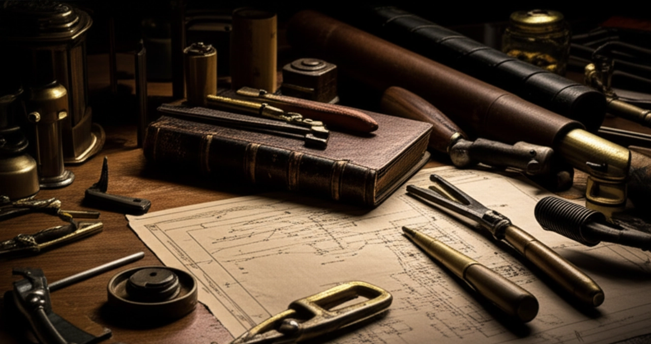 Dettagli ravvicinati di antichi strumenti in ottone, libri rilegati in pelle e progetti su un banco da lavoro in legno, che richiamano l'artigianato storico e la precisione.
