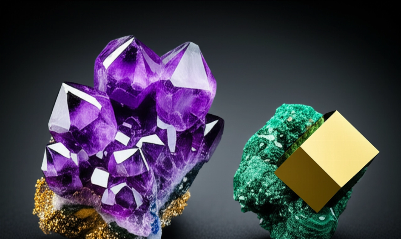 Una macrofotografia iperrealistica di una collezione di rari minerali, inclusi ametista, malachite e pirite, con dettagli cristallini e colori vibranti.