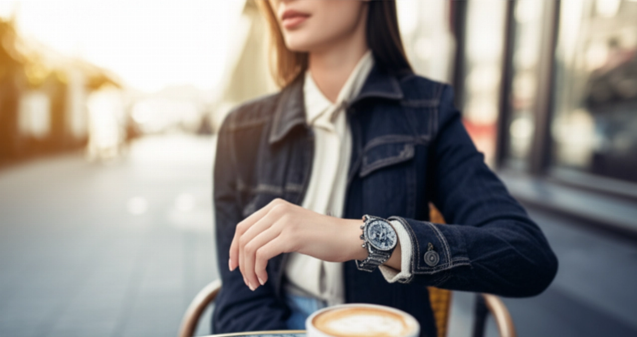 Donna caucasica in outfit casual chic seduta a un caffè all'aperto, che indossa un orologio cronografo moderno.