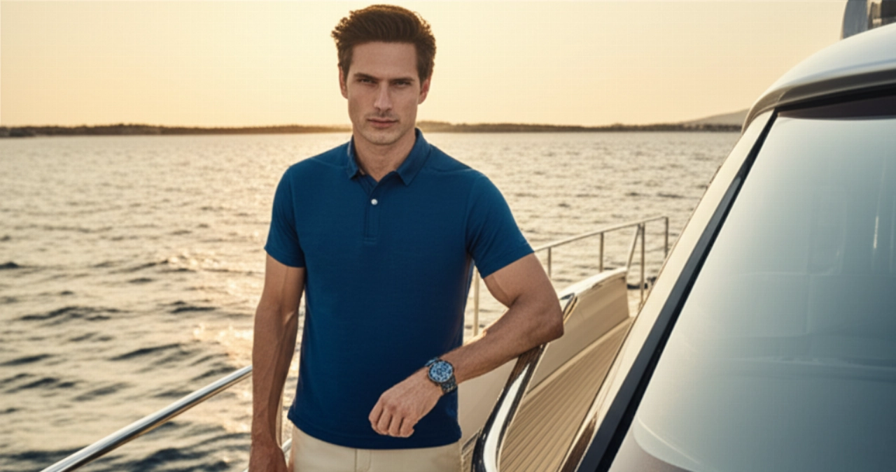 Uomo caucasico atletico su uno yacht al tramonto, che indossa un orologio subacqueo sportivo.