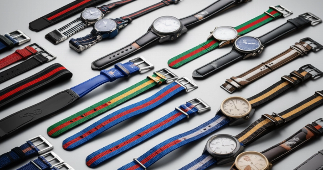 Una collezione diversificata di cinturini per orologi e cinture, di vari materiali e colori, disposti artisticamente su una superficie grigia chiara.