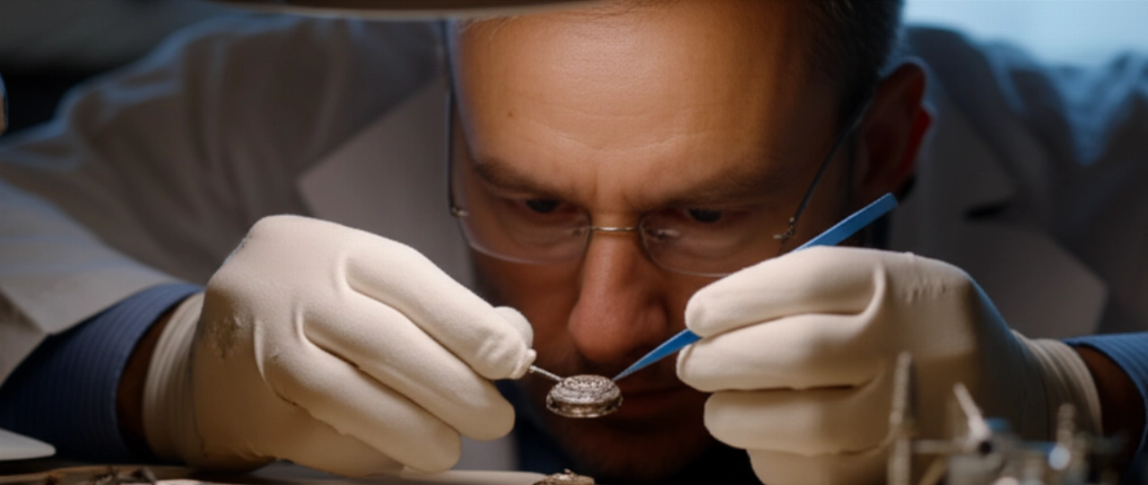 Un orologiaio caucasico esperto assembla con precisione il movimento di un orologio automatico al suo banco di lavoro.