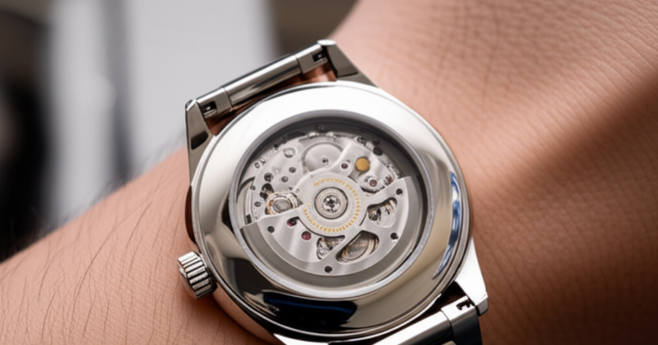 Primo piano iperrealistico di un orologio automatico indossato al polso di una persona caucasica, con il rotore visibile attraverso il fondello trasparente.