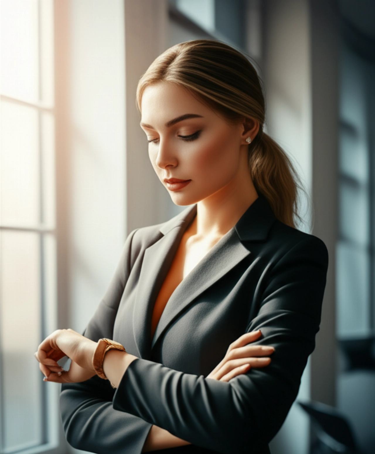 Donna caucasica elegante in ambiente professionale che controlla discretamente l'orologio al polso.