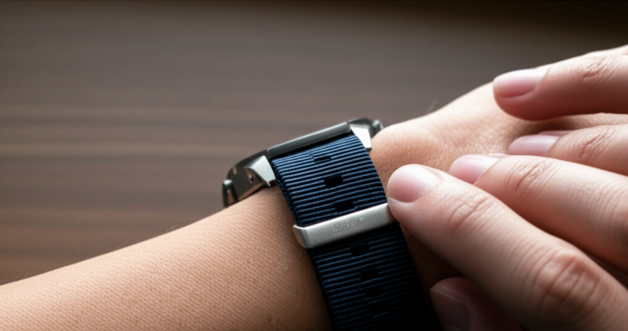 Primo piano iperrealistico di una mano caucasica che allaccia un orologio sportivo al polso.