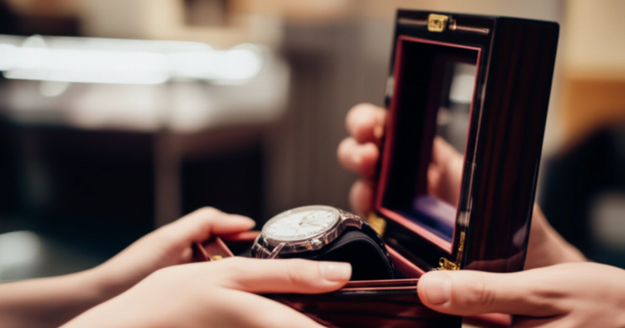 Mani caucasiche aprono una lussuosa scatola di orologi, rivelando un orologio classico su un cuscino di velluto, in una foto iperrealistica e dettagliata.