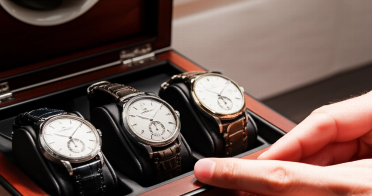 Una mano caucasica sistema un orologio tra una piccola collezione di tre orologi classici su un espositore, in una scena iperrealistica e curata.