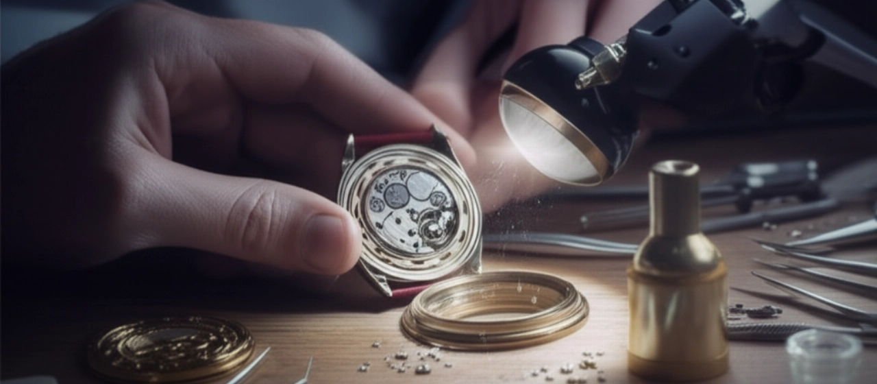 Mani di un orologiaio caucasico che esaminano un movimento di orologio di lusso con una lente d'ingrandimento su un banco da lavoro, con attrezzi specializzati, in una scena iperrealistica.