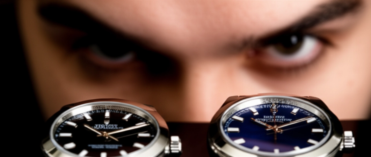 Due orologi, uno autentico e uno falso, affiancati su una superficie riflettente, con l'attenzione di una persona caucasica che ne esamina le differenze, in un'immagine iperrealistica.