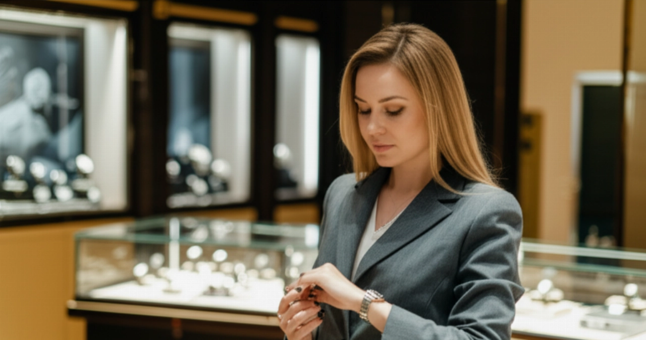 Donna caucasica elegantemente vestita che esamina con attenzione un orologio di lusso d'argento al suo polso, in un lussuoso showroom di orologi con vetrine sfocate sullo sfondo.