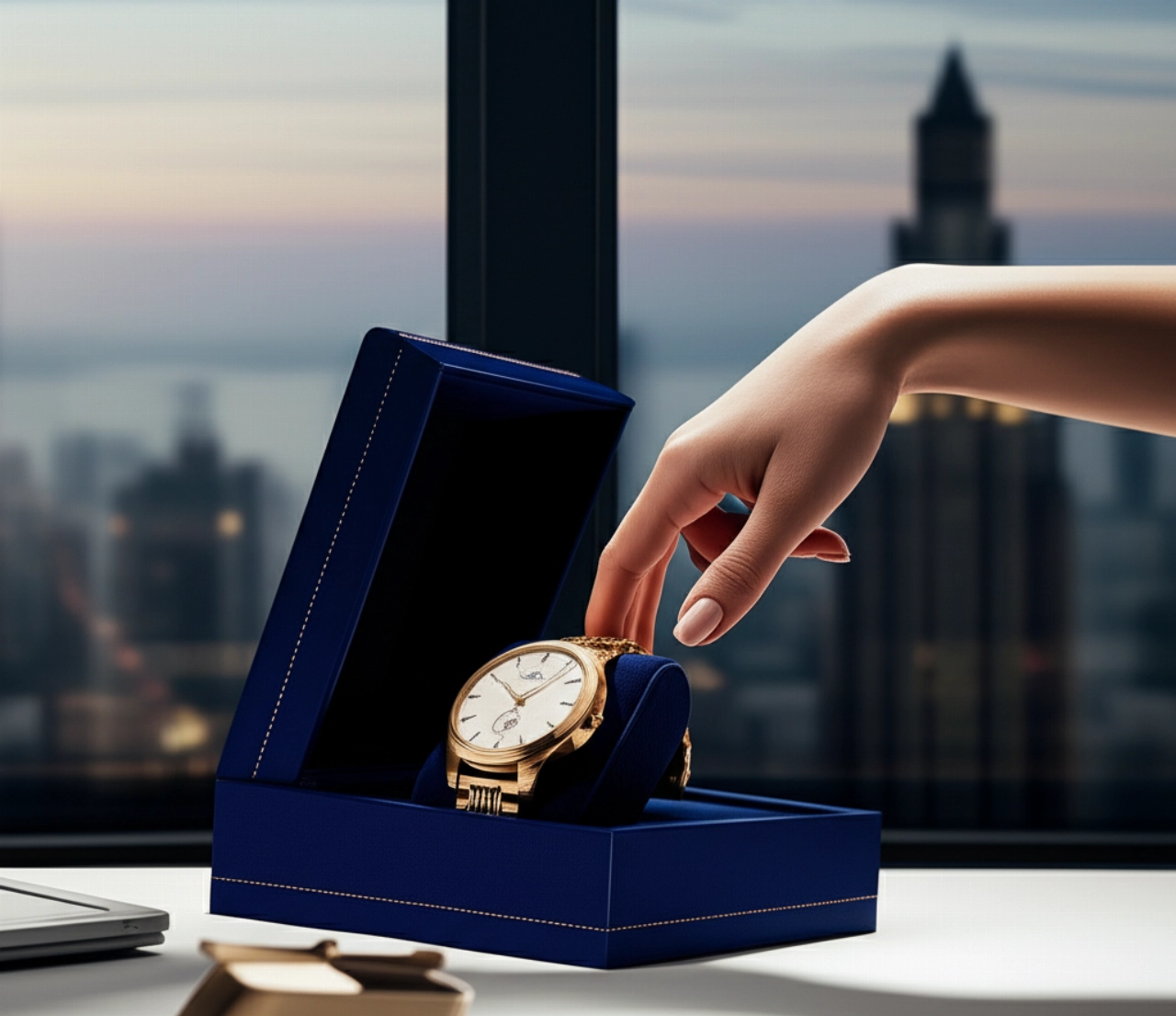Una mano caucasica elegante che si protende verso un orologio di lusso dorato all'interno di una scatola di presentazione foderata di velluto, su una scrivania in un ufficio di lusso con uno skyline urbano sfocato sullo sfondo.