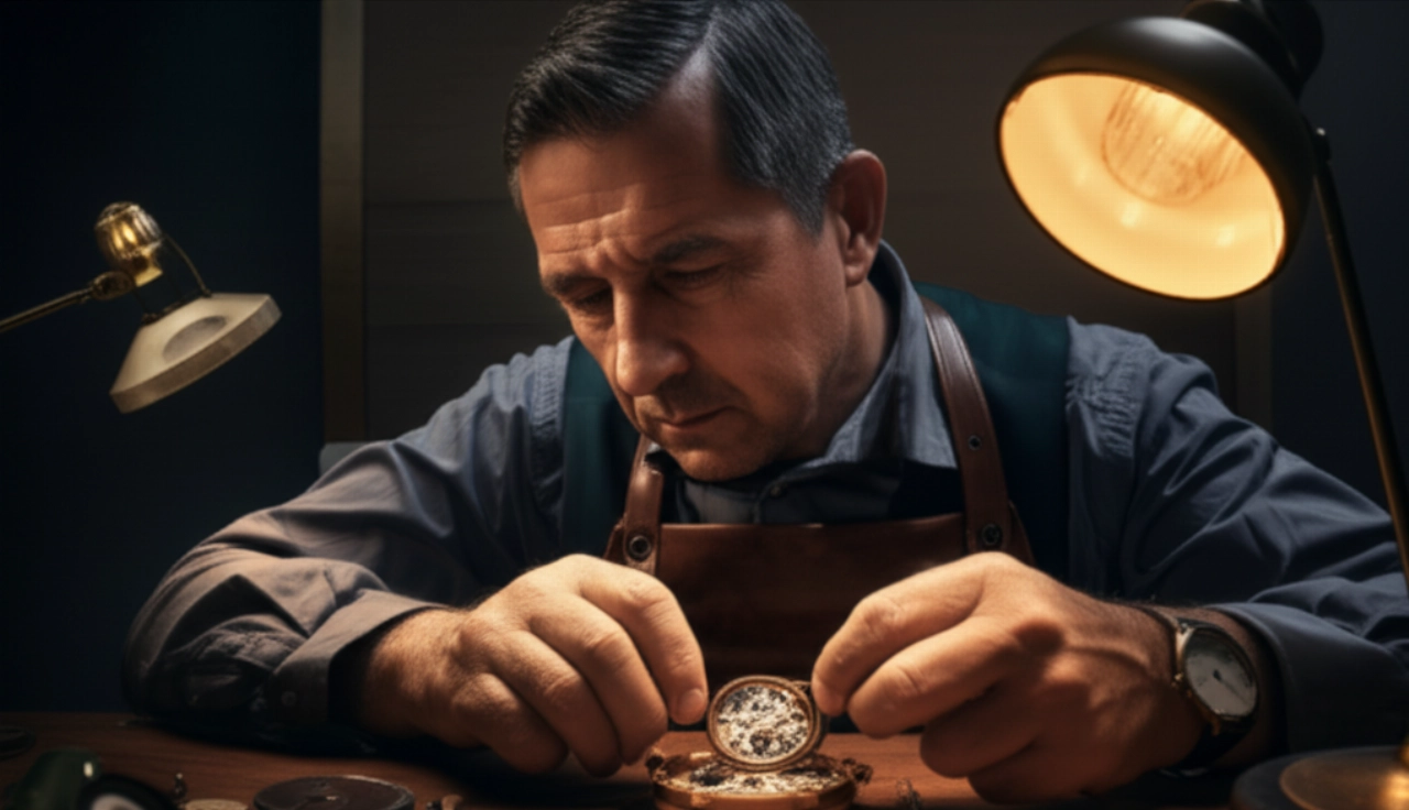 Ritratto iperrealistico di un esperto orologiaio caucasico di circa 50 anni, intento ad assemblare con meticolosità un complesso meccanismo di calendario perpetuo su un banco di lavoro in legno, le sue mani esperte illuminate da una luce calda e direziona