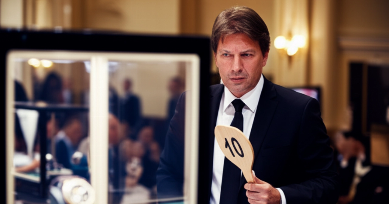 Uomo caucasico elegantemente vestito che alza una paletta d'asta con espressione intensa, con un orologio di lusso in primo piano sfocato.